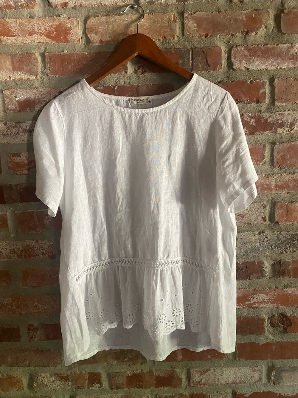 Women’s White Eyelet Peplum Linen Top